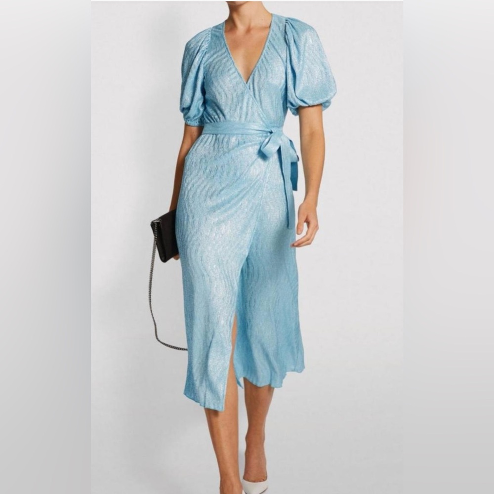 ROTATE Birger Christensen Friday Metallic Backy Blue Wrap Dress Size 2